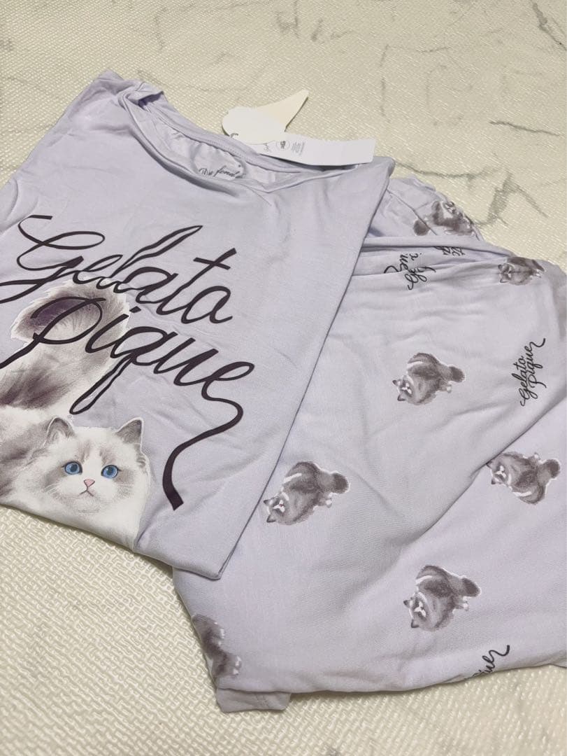 ジェラートピケ CATワンポイント Tシャツ&ロングパンツ ラベンダー