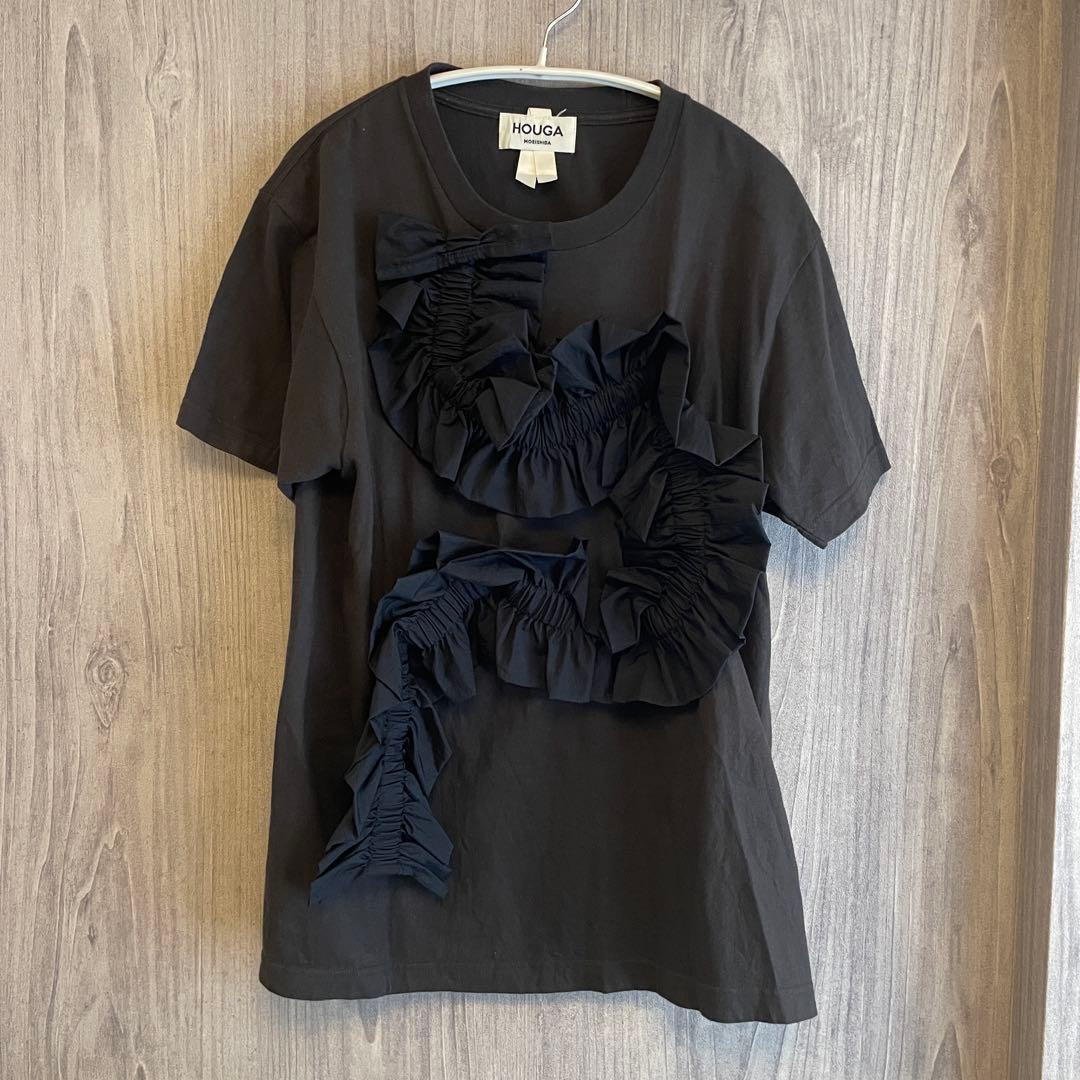 HOUGA フリル装飾 ブラック Tシャツ